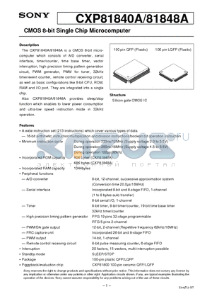 CXP81840A datasheet - CMOS 8-bit Single Chip Microcomputer