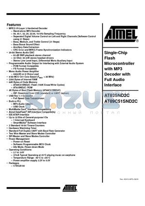 AT83SNXXX-7FRUL datasheet - Single-Chip Flash Microcontroller with MP3 Decoder with Full Audio Interface