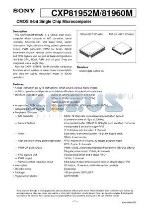 CXP81952M datasheet - CMOS 8-bit Single Chip Microcomputer