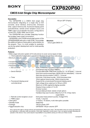 CXP820P60 datasheet - CMOS 8-bit Single Chip Microcomputer