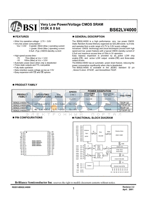 BS62LV4000STI datasheet - Very Low Power/Voltage CMOS SRAM 512K X 8 bit