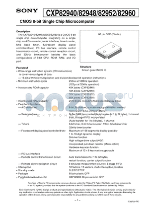 CXP82960 datasheet - CMOS 8-bit Single Chip Microcomputer