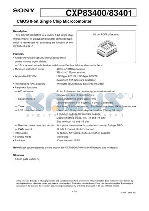 CXP83401 datasheet - CMOS 8-bit Single Chip Microcomputer