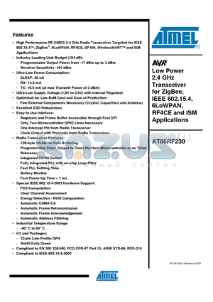 AT86RF230_09 datasheet - Low Power 2.4 GHz Transceiver for ZigBee, IEEE 802.15.4, 6LoWPAN, RF4CE and ISM