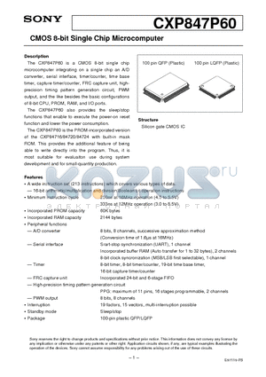 CXP847P60 datasheet - CMOS 8-bit Single Chip Microcomputer