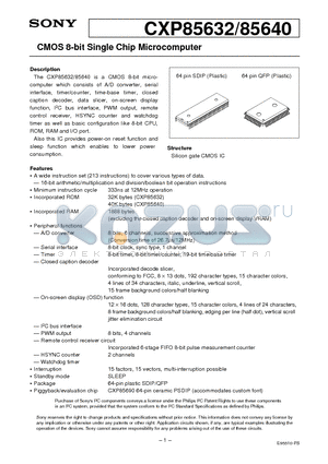 CXP85640 datasheet - CMOS 8-bit Single Chip Microcomputer