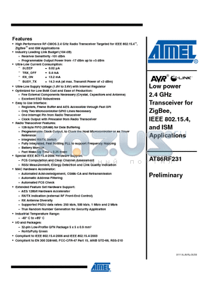 AT86RF231-ZU datasheet - Low power 2.4 GHz Transceiver for ZigBee, IEEE 802.15.4, and ISM Applications