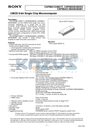 CXP86461 datasheet - CMOS 8-bit Single Chip Microcomputer