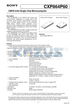 CXP864P60 datasheet - CMOS 8-bit Single Chip Microcomputer