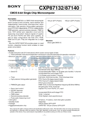 CXP87132 datasheet - CMOS 8-bit Single Chip Microcomputer