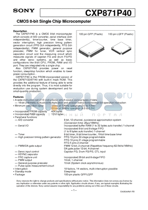 CXP871P40 datasheet - CMOS 8-bit Single Chip Microcomputer
