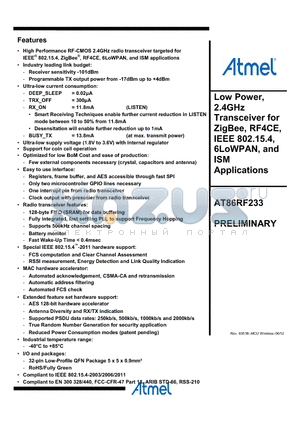 AT86RF233-ZUR datasheet - Low Power, 2.4GHz Transceiver for ZigBee, RF4CE, IEEE 802.15.4, 6LoWPAN, and ISM Applications