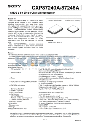 CXP87240A datasheet - CMOS 8-bit Single Chip Microcomputer