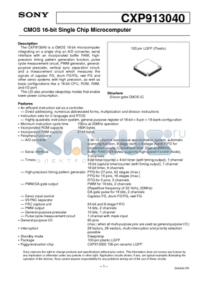 CXP913040 datasheet - CMOS 16-bit Single Chip Microcomputer