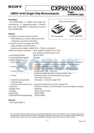 CXP921000A datasheet - CMOS 16-bit Single Chip Microcomputer