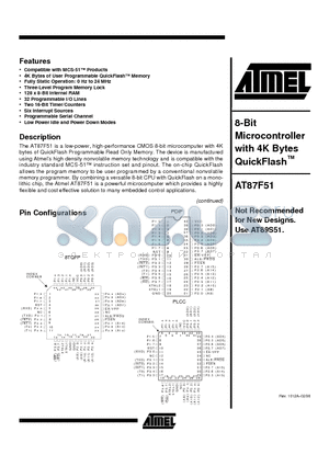 AT87F51-12AI datasheet - 8-Bit Microcontroller with 4K Bytes QuickFlash