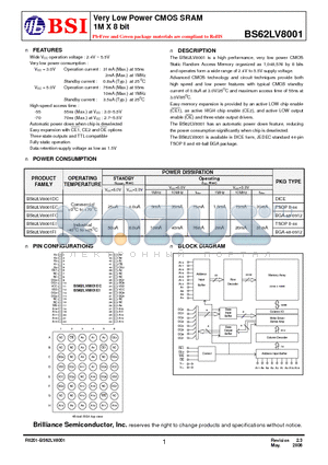 BS62LV8001DI70 datasheet - Very Low Power CMOS SRAM 1M X 8 bit