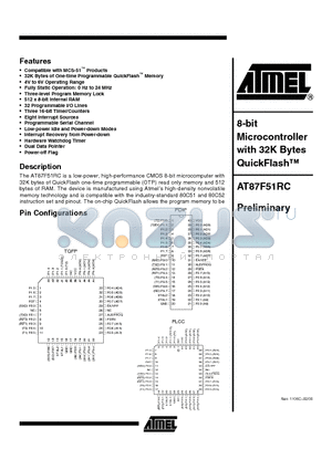 AT87F51RC datasheet - 8-bit Microcontroller with 32K Bytes QuickFlash