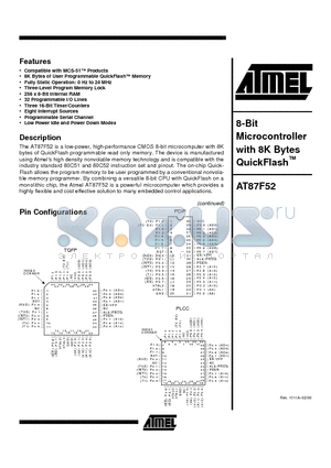 AT87F52-20AC datasheet - 8-Bit Microcontroller with 8K Bytes QuickFlash