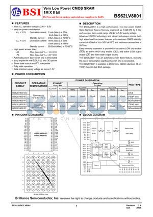 BS62LV8001FIG70 datasheet - Very Low Power CMOS SRAM 1M X 8 bit