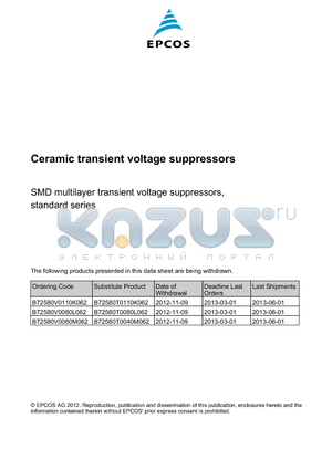 B72580V400K62 datasheet - Ceramic transient voltage suppressors