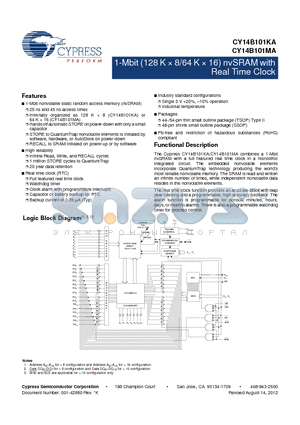 CY14B101KA-ZS25XIT datasheet - 1-Mbit (128 K  8/64 K  16) nvSRAM with Real Time Clock