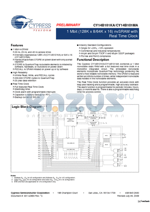 CY14B101KA-ZS45XIT datasheet - 1 Mbit (128K x 8/64K x 16) nvSRAM with Real Time Clock