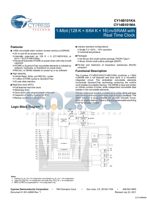 CY14B101KA-ZS45XI datasheet - 1 Mbit (128K x 8/64K x 16) nvSRAM with Real Time Clock