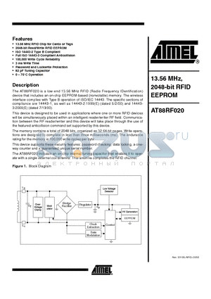 AT88RF020-WBC-10 datasheet - 13.56 MHz, 2048-bit RFID EEPROM