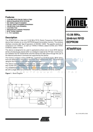 AT88RF020-WC-10 datasheet - 13.56 MHz, 2048-bit RFID EEPROM