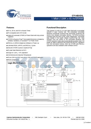 CY14B101L-SP35XI datasheet - 1 Mbit (128K x 8) nvSRAM