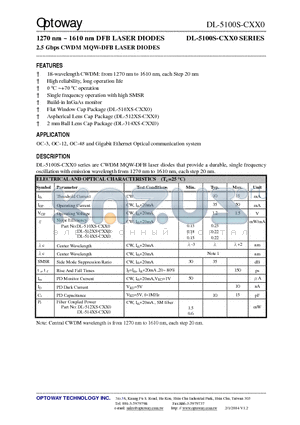 DL-5120S-C370 datasheet - 1270 nm ~ 1610 nm DFB LASER DIODES 2.5 Gbps CWDM MQW-DFB LASER DIODES