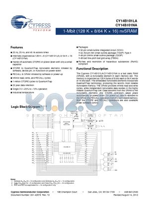 CY14B101LA-BA45XIT datasheet - 1-Mbit (128 K  8/64 K  16) nvSRAM