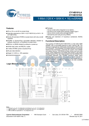 CY14B101LA-ZS20XI datasheet - 1 Mbit (128K x 8/64K x 16) nvSRAM