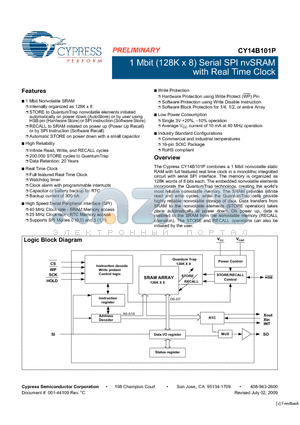 CY14B101P-SFXC datasheet - 1 Mbit (128K x 8) Serial SPI nvSRAM with Real Time Clock