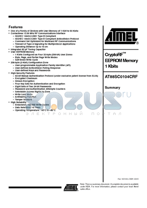 AT88SC0104CRF datasheet - CryptoRF  EEPROM Memory 1 Kbits