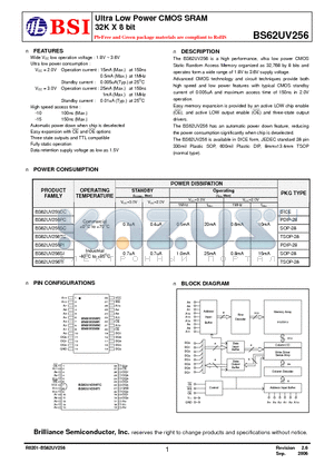 BS62UV256PI15 datasheet - Ultra Low Power CMOS SRAM 32K X 8 bit