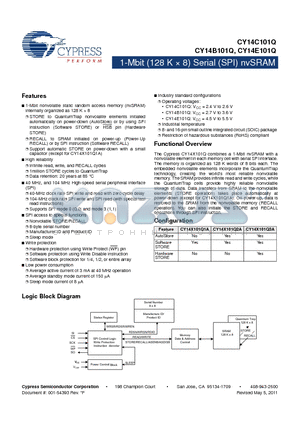 CY14B101Q1A-SXIT datasheet - 1-Mbit (128 K x 8) Serial (SPI) nvSRAM Data retention: 20 years at 85 `C