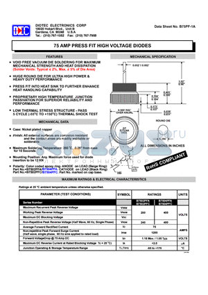 B7502PFC datasheet - 75 AMP PRESS FIT HIGH VOLTAGE DIODES
