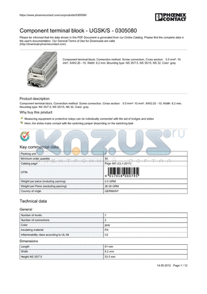 0305080 datasheet - Component terminal block - UGSK/S - 0305080