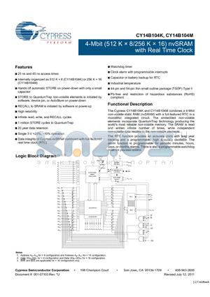 CY14B104K-ZS25XIT datasheet - 4-Mbit (512 K x 8/256 K x 16) nvSRAM with Real Time Clock 25 ns and 45 ns access times