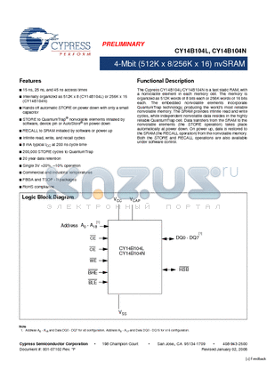 CY14B104L-ZSP45XIT datasheet - 4-Mbit (512K x 8/256K x 16) nvSRAM