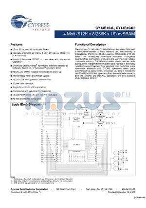 CY14B104L-ZSP45XIT datasheet - 4 Mbit (512K x 8/256K x 16) nvSRAM