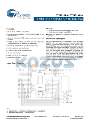 CY14B104LA-BA25XI datasheet - 4-Mbit (512 K  8/256 K  16) nvSRAM