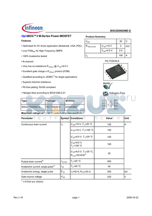 BSC020N03MSG datasheet - OptiMOS3 M-Series Power-MOSFET