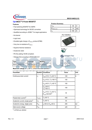 BSC014N03LSG datasheet - OptiMOS3 Power-MOSFET