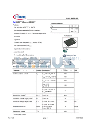 BSC016N03LSG datasheet - OptiMOS3 Power-MOSFET