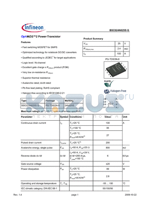 BSC024N025SG datasheet - OptiMOS2 Power-Transistor