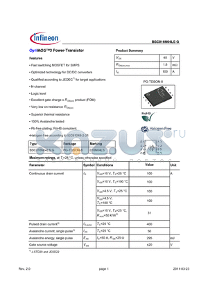 BSC016N04LSG_11 datasheet - OptiMOSTM3 Power-Transistor