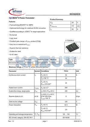 BSC042N03S datasheet - OptiMOS2 Power-Transistor